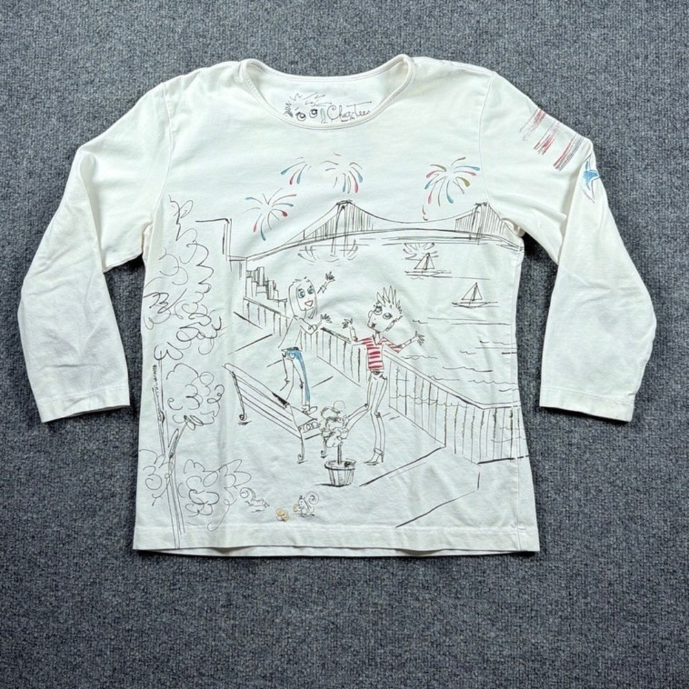 Chicos Chat-Tees Graphic Top Women Size 1 White 4th of July Fireworks USA